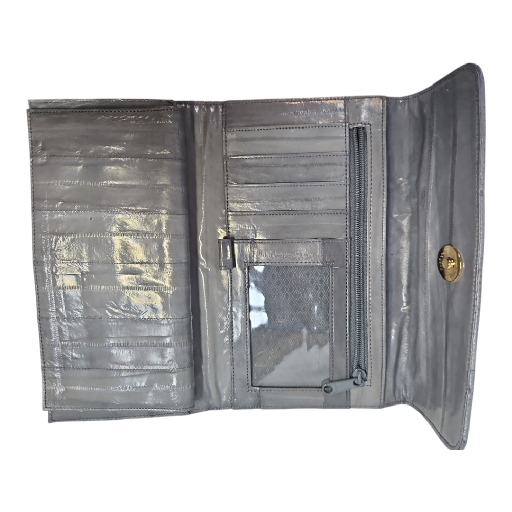 Vintage Gray Eel Skin Leather Clutch Or Shoulder Bag Purse W/ Matching Wallet - Picture 11 of 11